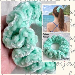 Handmade VELVET Crochet Hair Scrunchie Mint Green Soft Hair Tie PinkRainCloud